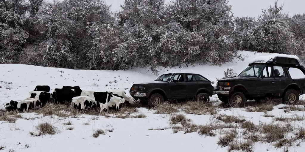 Image similar to a geo tracker parked in snow, surrounded by a herd of cows, photography