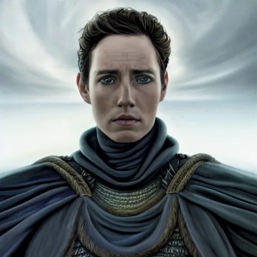 Prompt: realistic paul atreides emperor of the known universe, perfect dramatic and dark portrait by rabbitary b, trending on artstation, deviantart, dune, low angle oil painting and composition laws, dark foggy background, man with thin lines on the face, medium - long curly brown hair, completely blue eyes, denis villeneuve cinematography