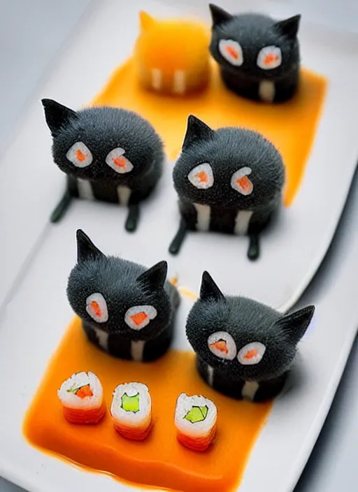 Image similar to clear surrealist painting of tiny adorable cats made from sushi rice, sitting on sushi plates with sushi, garnish, wasabi and soy sauce