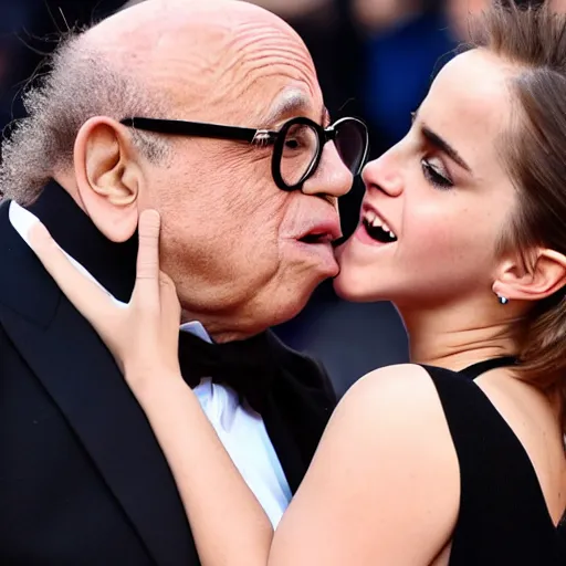 Image similar to danny devito and emma watson, french kissing, tongues, close up, deep