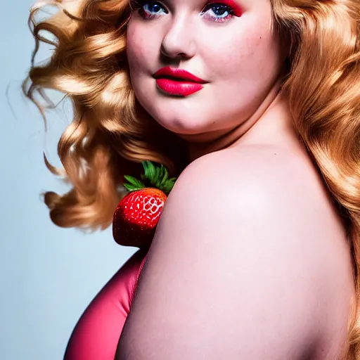 Image similar to a curvy, radiant, bubbly, 2 5 - year - old canadian plus - size model, long strawberry - blond hair, creamy skin, portrait, 8 5 mm canon f 1. 2 lens, inspired by rolf armstrong photography