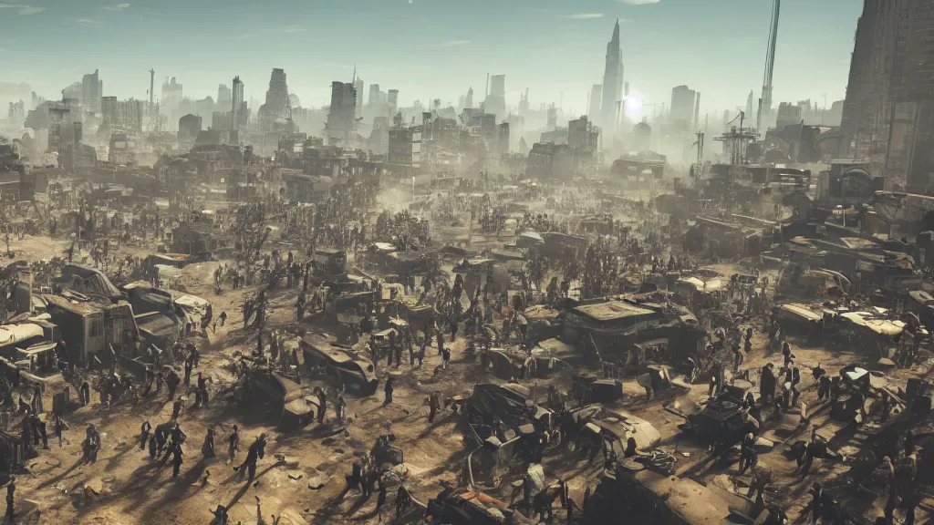 Prompt: low angle shot of a horde of people in a post-apocalyptic city, rich contrast, spaceships with blue contrails in background, hyperrealistic, Cryengine 8k UHD