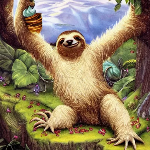 Prompt: a fantasy artwork of a sloth enjoying his abundance