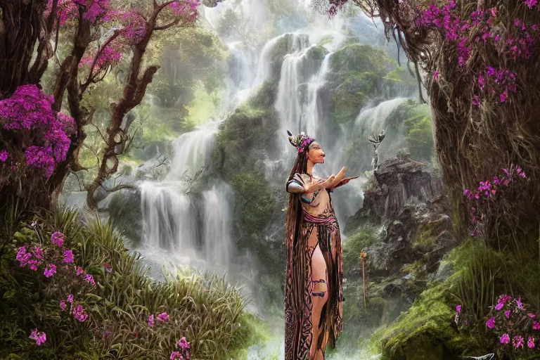 Prompt: a beautiful divine tribal high priestess with feathers and crystals in a lush field of flowers, highly detailed medieval temple with waterfall and deer behind her, wide painting by greg rutkowski and hr giger, zbrush, trending on artstation - h 1 0 2 4