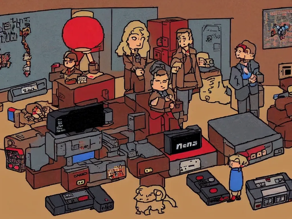 Image similar to twin peaks characters with a nes video game console