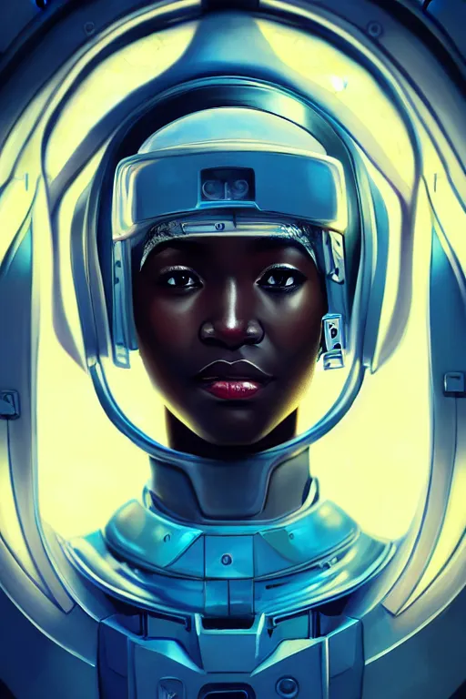 Prompt: portrait futuristic beautiful african Airforce armored pilot Girl, at inside of future fighter aircraft, ssci-fi, fantasy, intricate, very very beautiful, elegant, human anatomy, neon light, highly detailed, digital painting, artstation, concept art, soft light, smooth, sharp focus, illustration, art by tian zi and WLOP and alphonse mucha