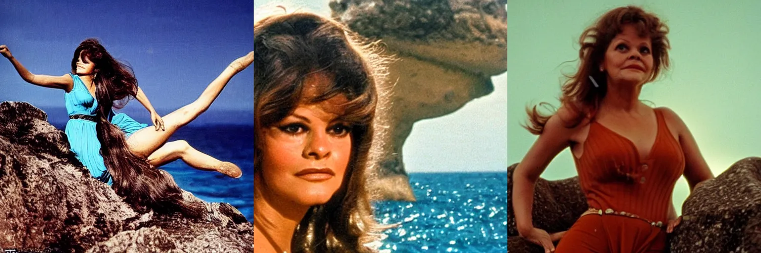 Prompt: italian movie displaying andromeda played by claudia cardinale and the sea monster. claudia cardinale is standing on a rock in front of a windy sea. the sea monster is enormous and turquoise and has a tremondous mouth. claudia cardinale attemps to escape him. cinematic, breathtaking, technicolor, highly intricate