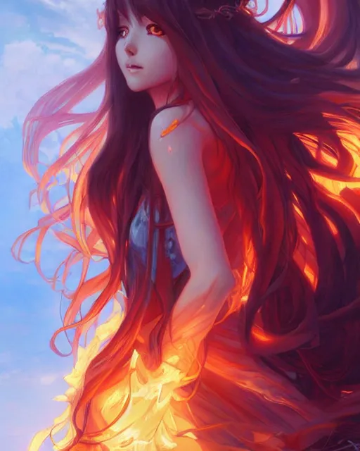 Image similar to beautiful long haired anime girl, fire dress, full body photo, flames everywhere, highly detailed, digital painting, artstation, concept art, smooth, sharp focus, illustration, art by artgerm and greg rutkowski and alphonse mucha