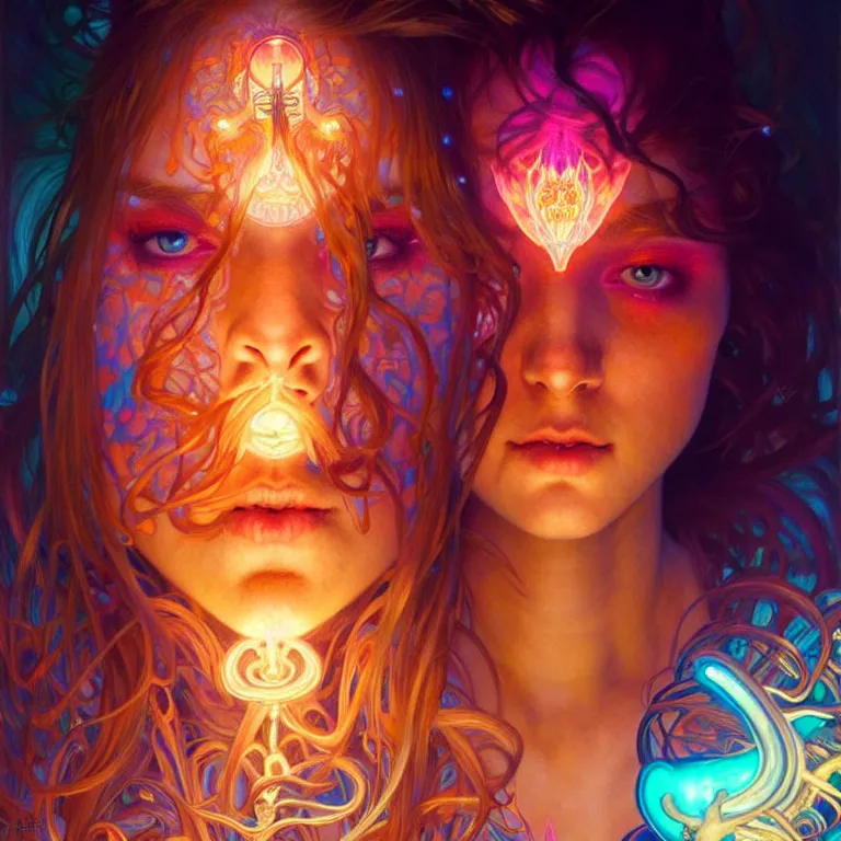 Image similar to bright asthetic portrait LSD glowing backlit, fantasy, intricate, elegant, dramatic lighting, highly detailed, lifelike, photorealistic, digital painting, artstation, illustration, concept art, smooth, sharp focus, art by John Collier and Albert Aublet and Krenz Cushart and Artem Demura and Alphonse Mucha