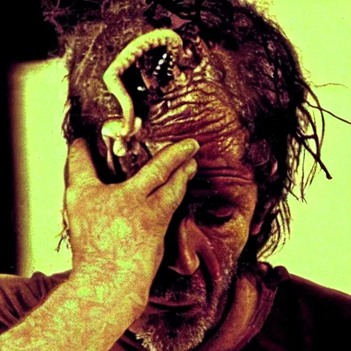 Prompt: a homeless man being controlled by a brain parasite attached to his head. Production photograph from big budget horror sci-fi movie. Directed by Ridley Scott.