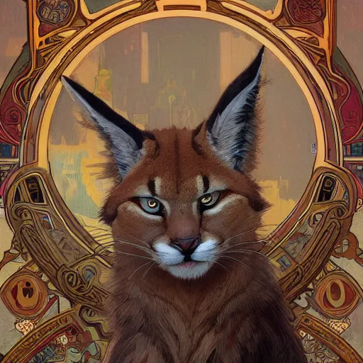 Image similar to concept art, a cute fluffy caracal, 8 k, alphonse mucha, james gurney, greg rutkowski, john howe, artstation