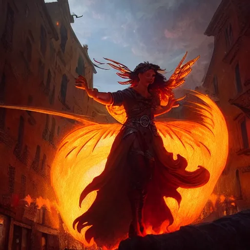 Image similar to Phoenix in fire flying through a medieval town by night, DnD character, unreal engine, octane render, dramatic lighting, pond, digital art, by Stanley Artgerm Lau, greg rutkowski, thomas kindkade, alphonse mucha, loish, norman Rockwell