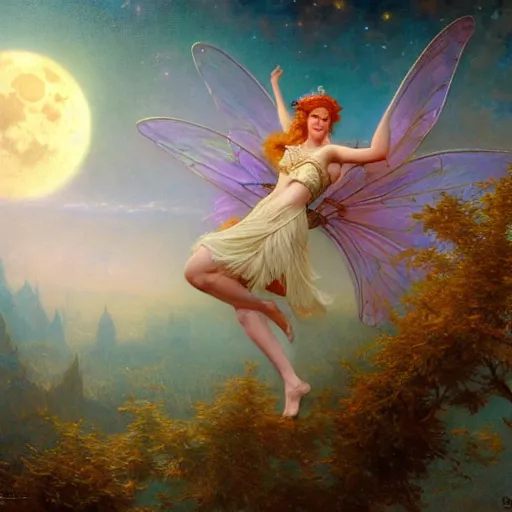 Image similar to attractive fairy magically floating high in the night, fantasy, full moon in background. highly detailed painting by gaston bussiere, craig mullins, j. c. leyendecker, mid shot, 8 k realistic, cryengine, frostbite 3 engine, sharp focus