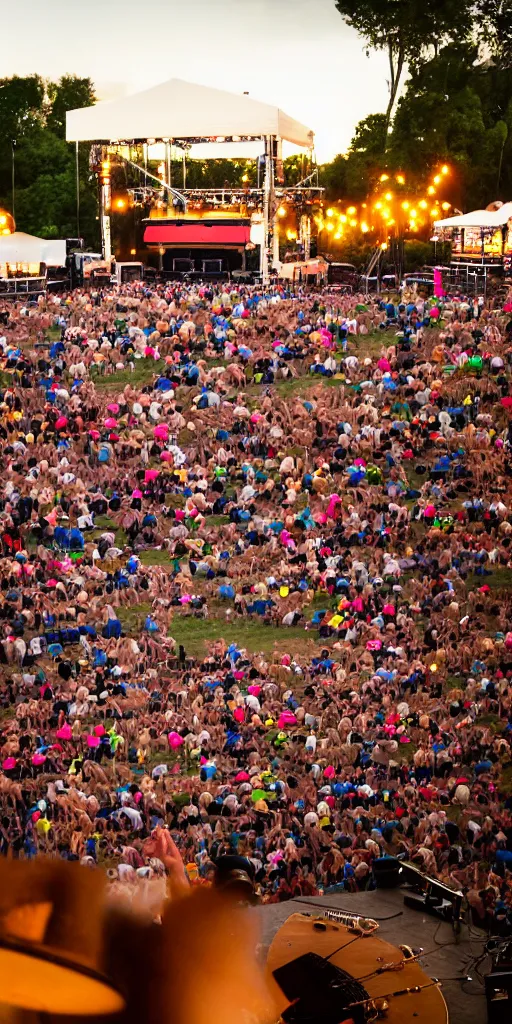 Prompt: music festival with chicken as audience and rooster band playing guitars on the stage. concert photography.