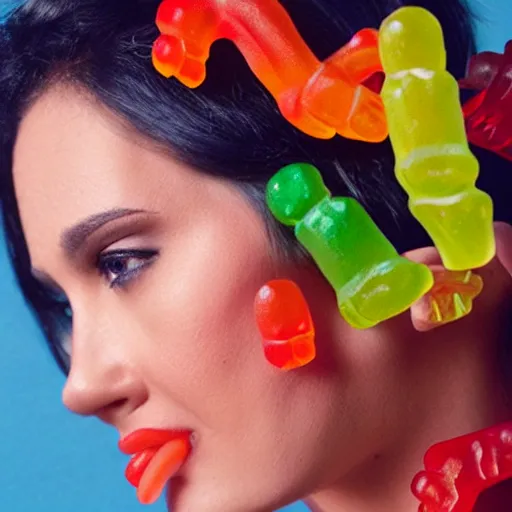 Prompt: hyperrealistic woman made out of gummy bears