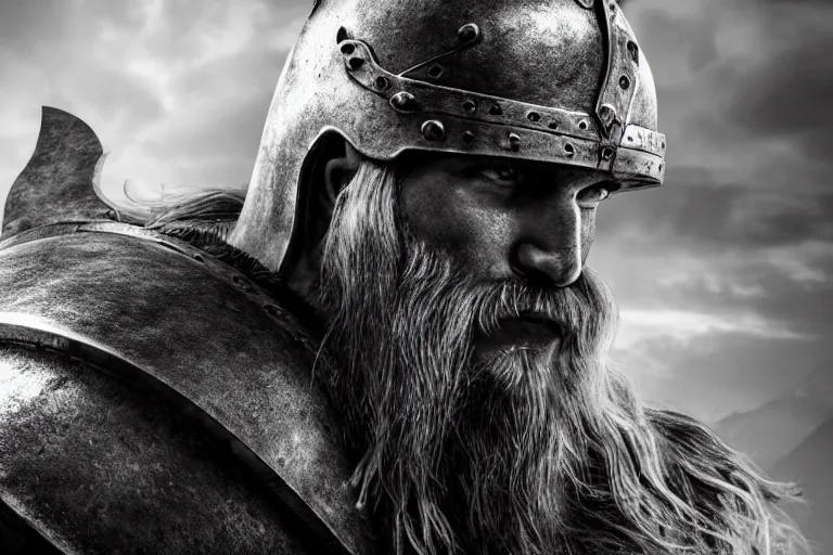 Image similar to still photo of viking warrior looking at the camera in a battlefield, black and white color aesthetic, highly detailed, photorealistic portrait, bright studio setting, studio lighting, crisp quality and light reflections, unreal engine 5 quality render