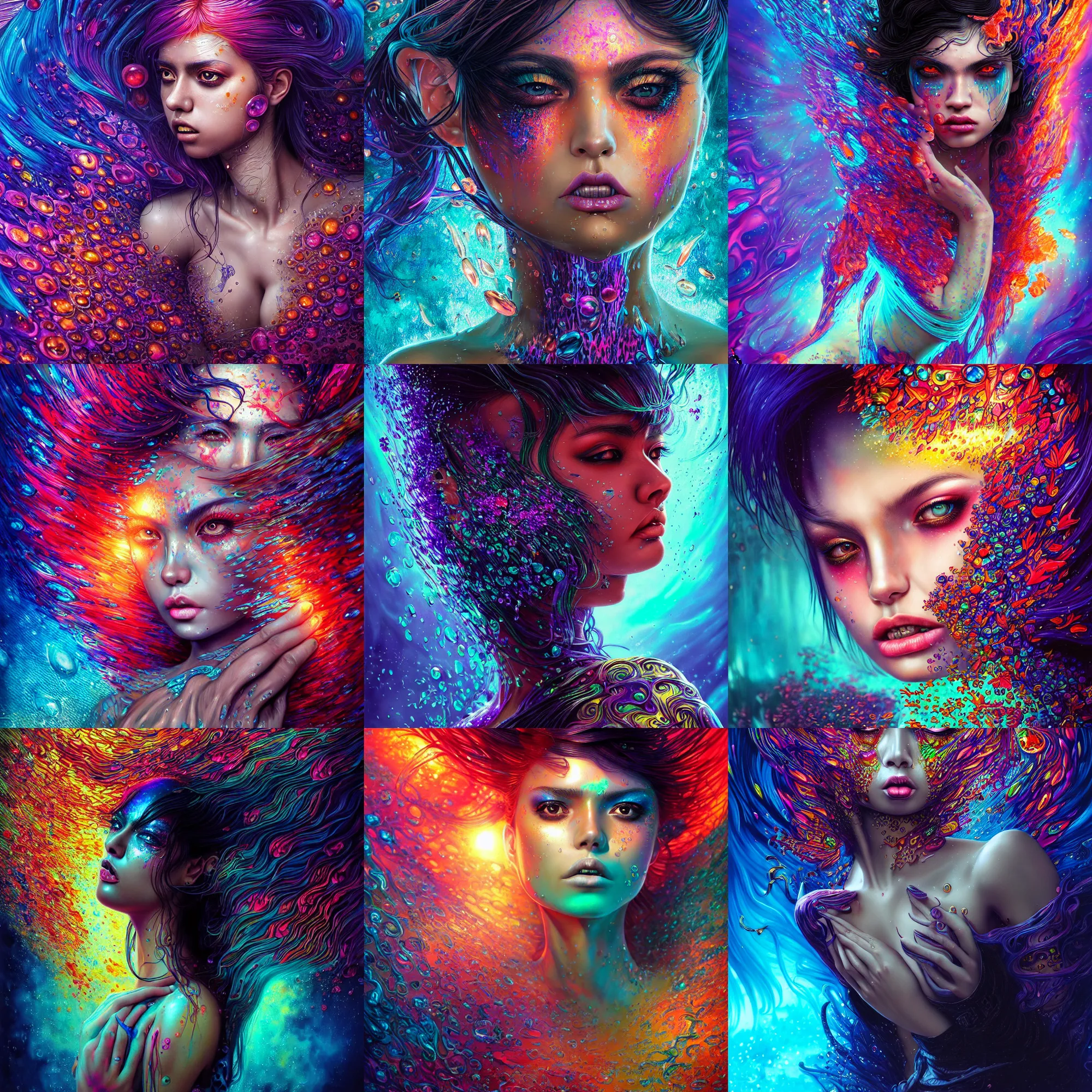 Prompt: ultra detailed illustration of a angry latin girl covered in a sea of iridescent liquid by nekro, Karol Bak, colorful, vivid colors, 8k, coherent, anime vibes, uplifting, magical composition, artstation, synthwave, 8k, coherent, artgerm, uplifting, unreal engine, magical composition, artstation