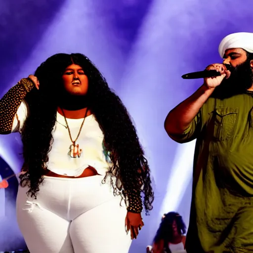 Image similar to osama bin laden and lizzo performing live on stage at coachella