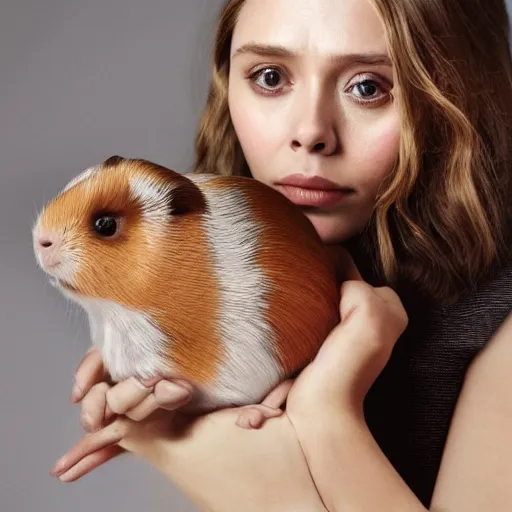 Prompt: Elizabeth Olsen holding a guinea pig in her hands, photorealistic, 4k, 8k, trending on artstation