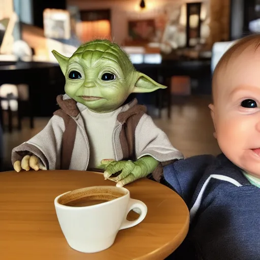 Image similar to Baby Yoda and Baby Groot are chilling in a coffee shop together