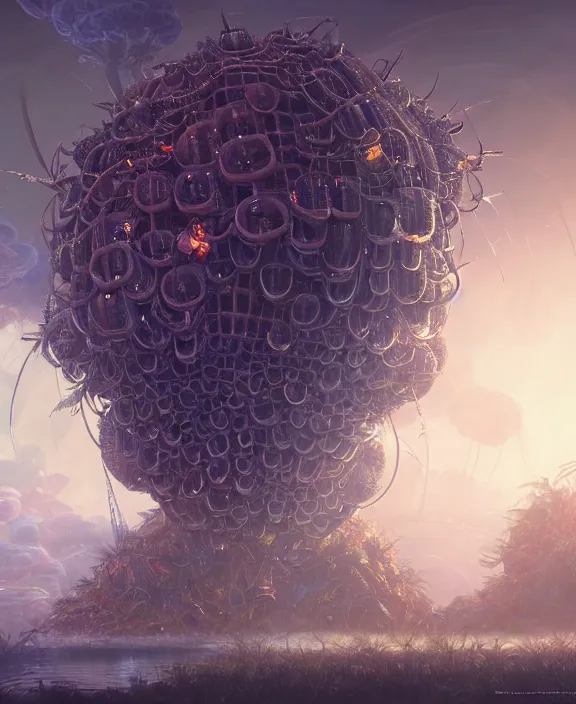 Prompt: a giant weird industrial plant hive made out of isopod wasp octopus, in the style of a strange exotic spaceship, overgrown with disturbing orchids, godbeams, partly cloudy, somber, dramatic lighting, by dan mumford, yusuke murata, makoto shinkai, ross tran, cinematic, unreal engine, cel shaded, featured on artstation, pixiv