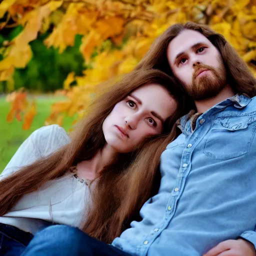 Prompt: long shot pastel of young man with long brown hair and woman with long light brown hair, laying under a tree looking at clouds autumn, ( ( ( wearing jeans ) ) )