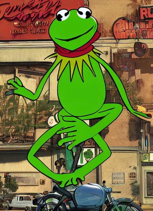 Prompt: kermit the frog, cover art for gta v, by stephen bliss