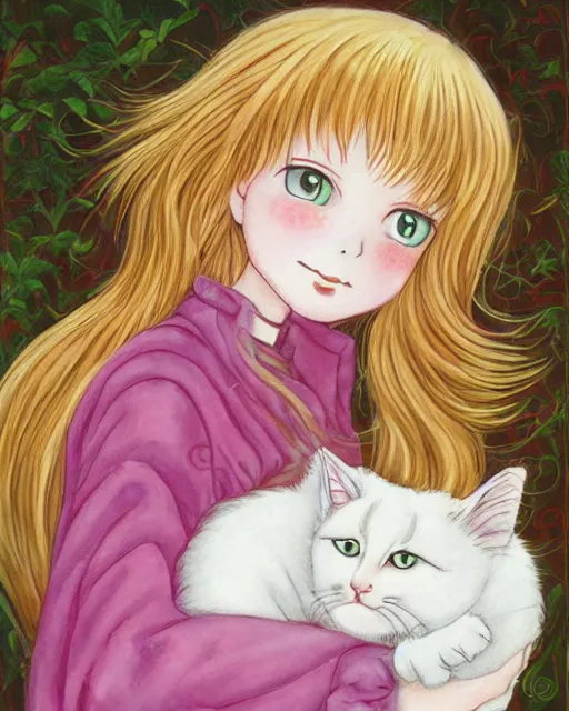 Image similar to a portrait of a young woman with very long pink hair undulating on the wind, light brown eyes, slightly chubby, pale skin, pretty, cute, holding a white cat. by naoko takeuchi