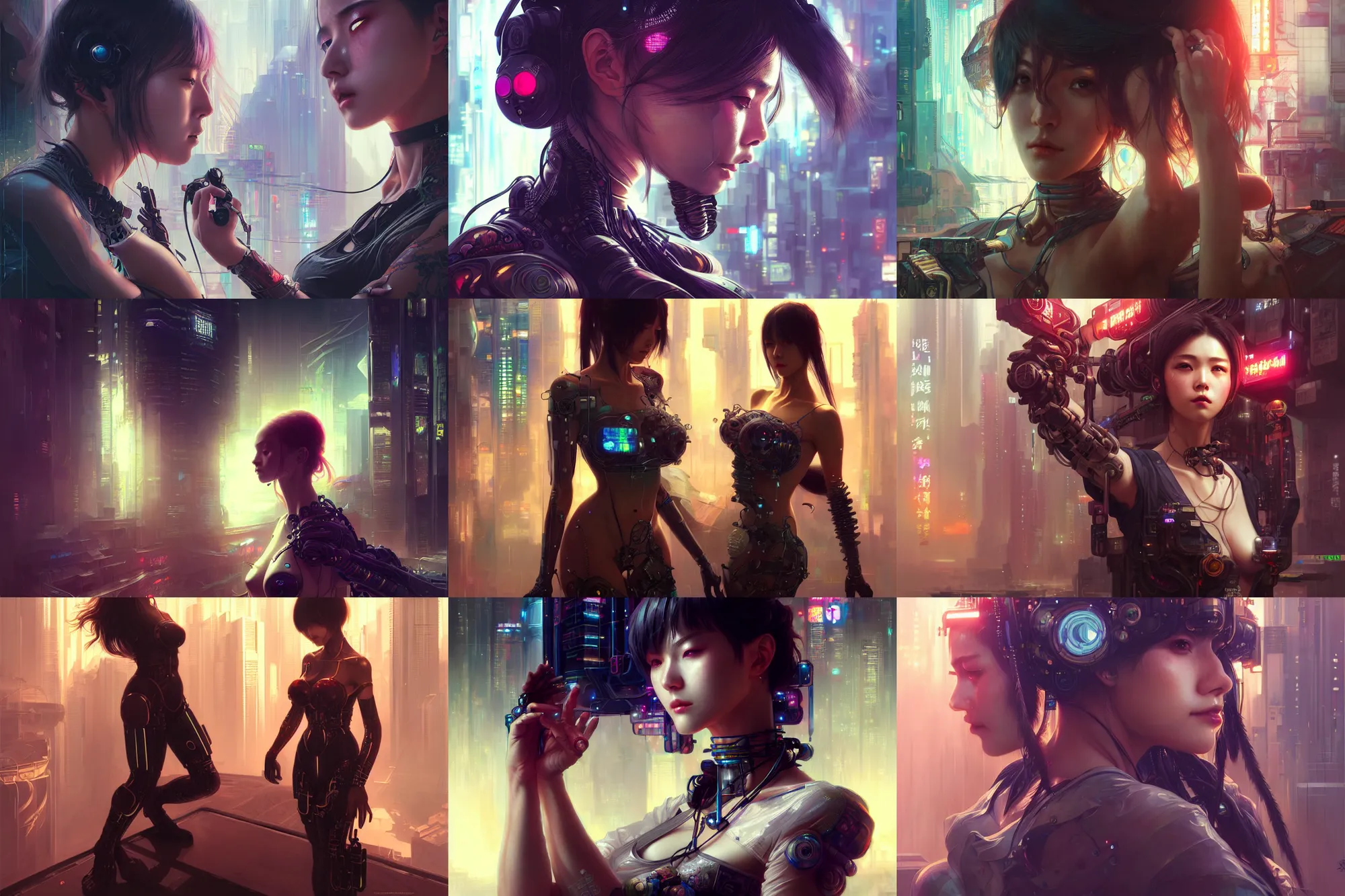 Prompt: ultra realistic beautiful cyberpunk kowloon techno art, beautiful alluring anime woman, sci - fi, intricate, elegant, highly detailed, digital painting, artstation, concept art, smooth, sharp focus, illustration, art by artgerm and wlop and tian zi and alphonse mucha and greg rutkowski