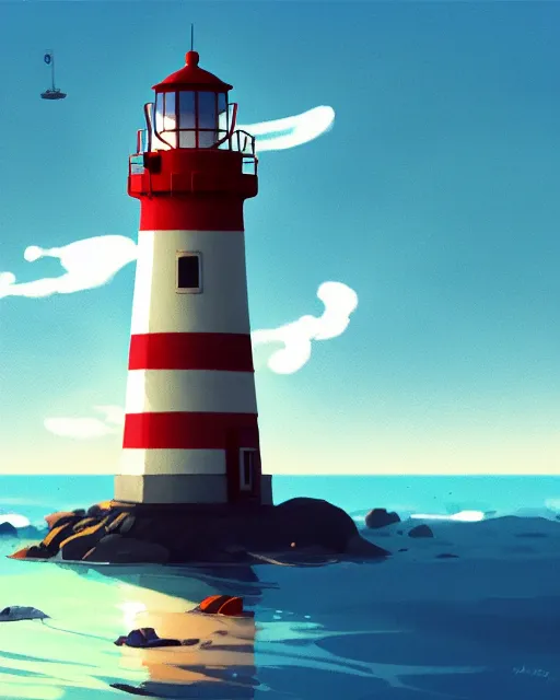 Prompt: painting of lighthouse in the sea by goro fujita, makoto shinkai, simon stalenhag, cory loftis, james gilleard, atey ghailan, makoto shinkai, goro fujita, studio ghibli, rim light, exquisite lighting, clear focus, very coherent, plain background, soft painting