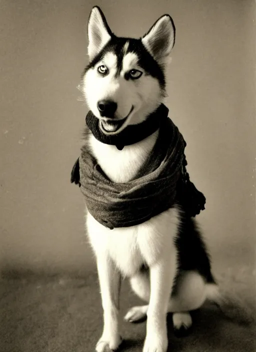 Image similar to late 1 8 0 0 s daugerrotype photograph of a happy husky dog wearing a scarf