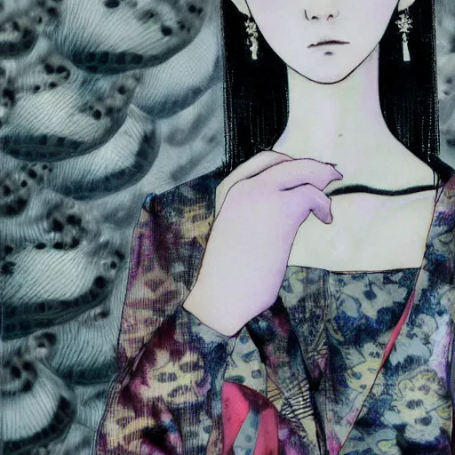 Prompt: yoshitaka amano blurred and dreamy realistic illustration of a woman with black eyes and white hair wearing dress suit with tie, junji ito abstract patterns in the background, satoshi kon anime, noisy film grain effect, highly detailed, renaissance oil painting, weird portrait angle, blurred lost edges, three quarter view