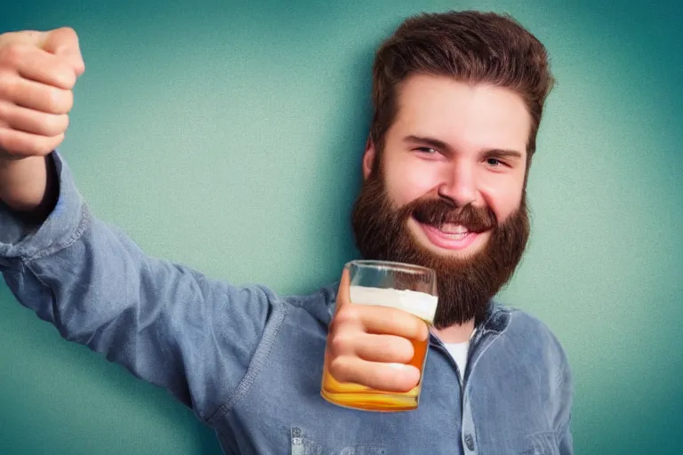 Image similar to a young man holding a beer giving a thumbs up with a long beard, airbrushed, detailed