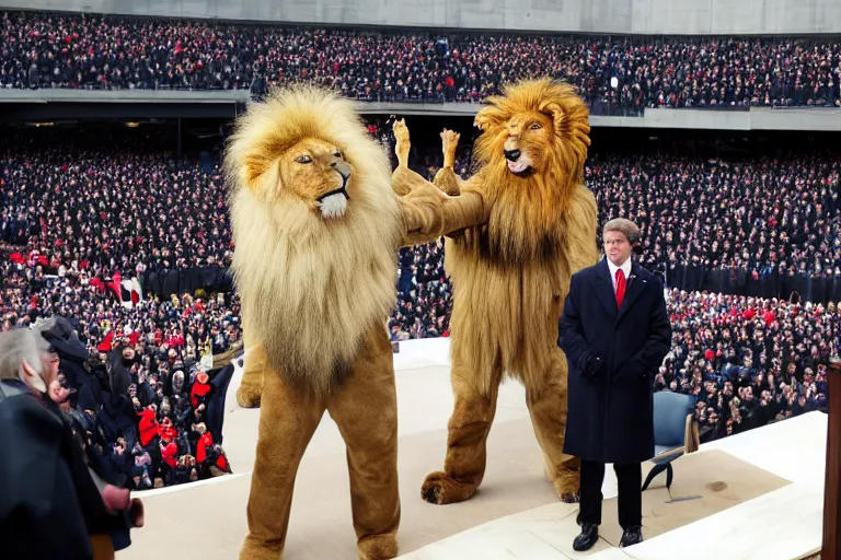 Image similar to photo of the usa presidential inauguration, a lion fursuiter being inaugurated as president