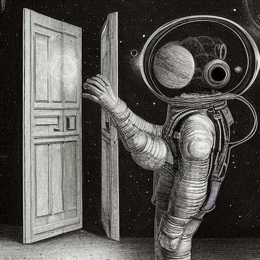 Prompt: 4 k, hyper - realism, distant shot, extra - details, psychedelic astronaut opening door that leads to the universe by davinci.