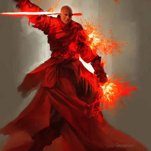 Prompt: a beautiful painting of a monk in red-hot armor wielding two flaming swords by Yoji Shinkawa, Dota, heavy line work, chiaroscuro lighting, beautiful and cool. Trending on ArtStation