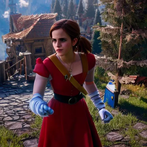 Image similar to emma watson as super mario super mario in the witcher 3, movie still, cinematic lighting, dramatic, octane render, long lens, shallow depth of field, bokeh, anamorphic lens flare, 8 k, hyper detailed, 3 5 mm film grain