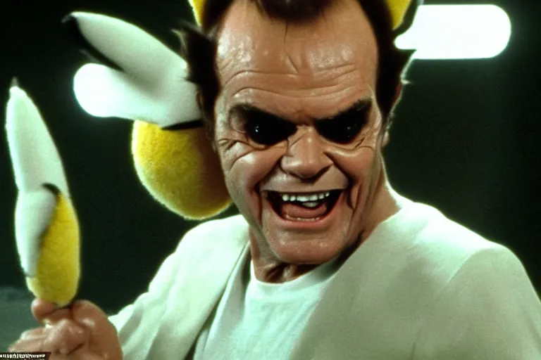 Image similar to Jack Nicholson in costume of Pikachu Terminator scene where his endoskeleton gets exposed and his eye glow red still from the film