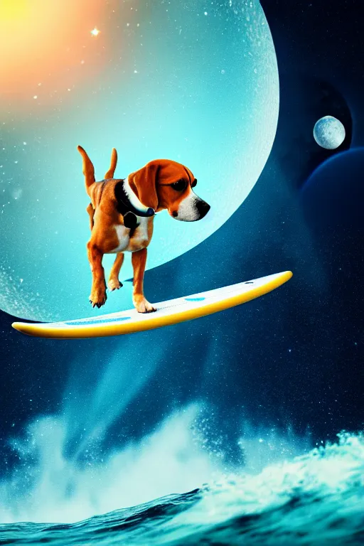 Image similar to beagle dog surfing a surfboard on a sparkly crashing wave of stardust in space, background is a moon in nebula, octane render, unreal engine, wide view, 8 k, highdetaild