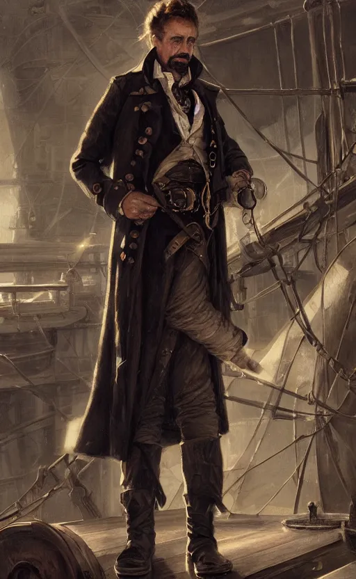Prompt: portrait of a 1 9 th century pirate in a trenchcoat standing on the deck of a ship, victorian, concept art, detailed face, fantasy, highly detailed, cinematic lighting, digital art painting by greg rutkowski