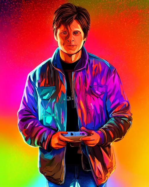 Image similar to surprised marty mcfly, artstation digital illustration portrait, colorful lighting, bokeh, detailed