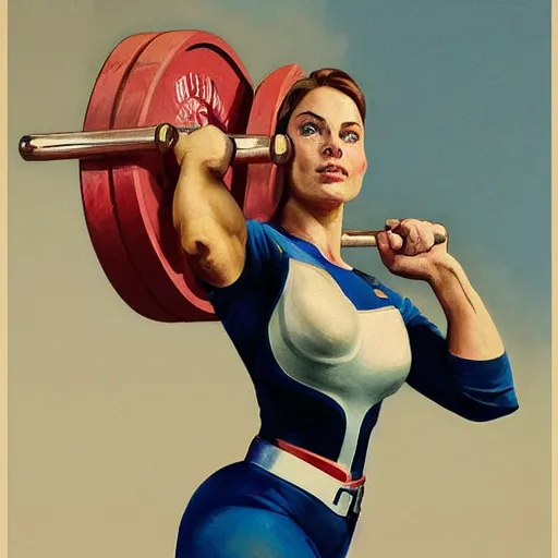 Image similar to socialist realism propaganda poster of margot robbie as beautiful female very muscular weightlifter from overwatch, portrait, profile picture, socialist realism, highly detailed, intricate, digital painting, artstation, sharp focus, illustration, art by jakub rozalski, greg rutkowski, artgerm, tan zi and ayanamikodon and alphonse mucha and wlop