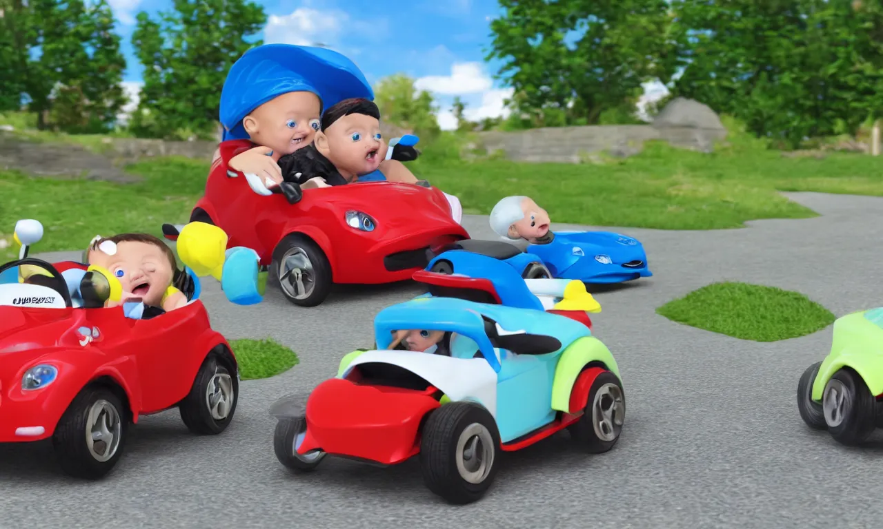 Prompt: overweight child driving a Cozy Coupe in a Foumula 1 race, ultrarealistic, detailed, 8k,