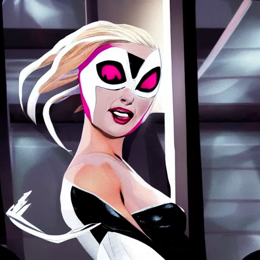 Image similar to Margot Robbie as Spider Gwen, photo realistic, movie scene, dynamic lighting