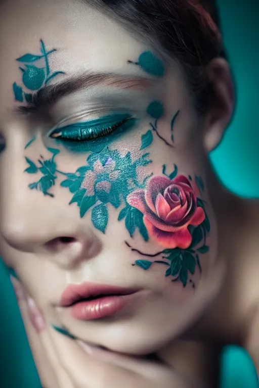 Prompt: hyperrealistic hyper detailed close-up portrait of woman covered in rococo flower tattoos matte painting concept art key sage very dramatic dark teal lighting low angle hd 8k sharp 35mm shallow depth of field