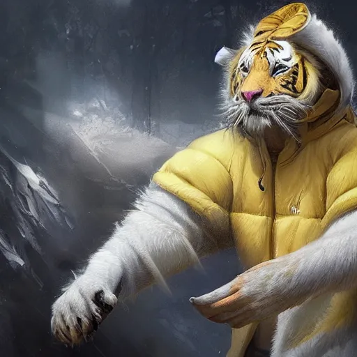 Prompt: a beautfiul award winning aesthetic commission of an antrho albino tiger wearing a yellow-black padded hooded puffer jacket,digital art,art by greg rutkowski,character design by charles bowater,ross tran,photorealistic,detailed face,hyperdetailed,western comic,2021,artstation,deviantart