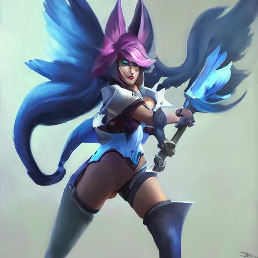 Prompt: greg manchess portrait painting of partially armored ahri from league of legends as overwatch character, medium shot, asymmetrical, profile picture, organic painting, sunny day, matte painting, bold shapes, hard edges, street art, trending on artstation, by huang guangjian, gil elvgren, ruan jia, randy vargas, greg rutkowski