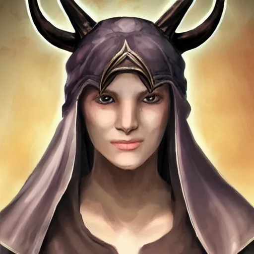 Image similar to portrait of a female cleric for a fantasy videogame, horns growing out of head, dark robes