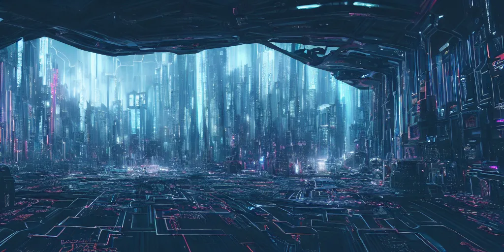 Prompt: a landscape view of a cybernetic cathedral overlooking an higway of data, cyberpunk, beautiful detailed, cinematic, strong lighting, hi - fructose art magazine, photorealistic, 8 k