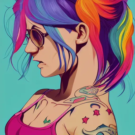 Image similar to a young woman with beautiful rainbow hair and lots of tattoos on her arms and chest. clean cel shaded vector art. shutterstock. behance hd by lois van baarle, artgerm, helen huang, by makoto shinkai and ilya kuvshinov, rossdraws, illustration, art by ilya kuvshinov